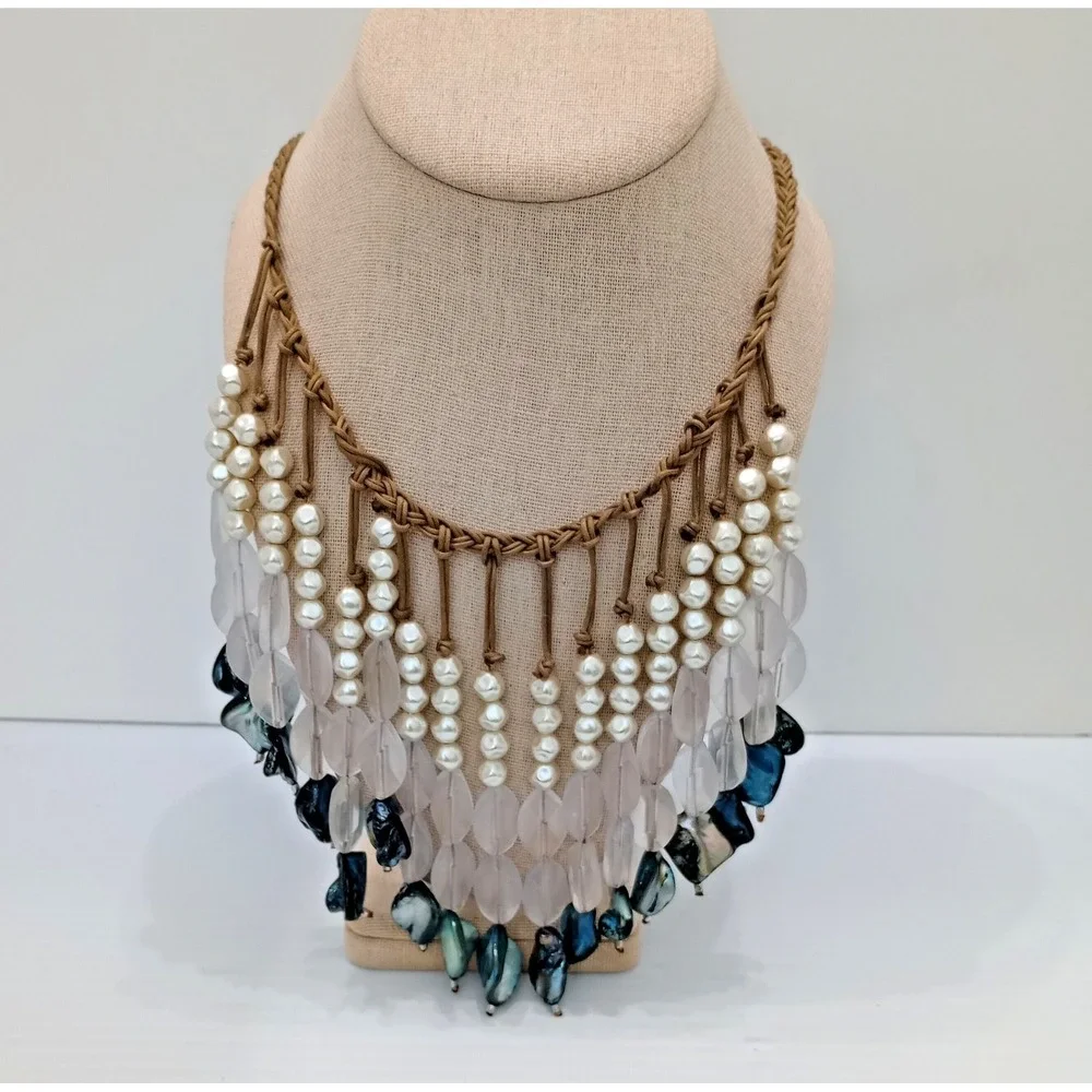 Chico's Statement Necklace Pearl Lucite‎ Shell Bib Boho Resort Adjustable